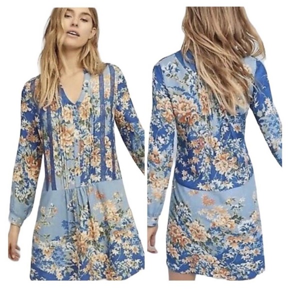 Tiny Anthropologie Gaina Blue Floral Lace Trim Tunic Shift Dress Size S Boho - Picture 1 of 7